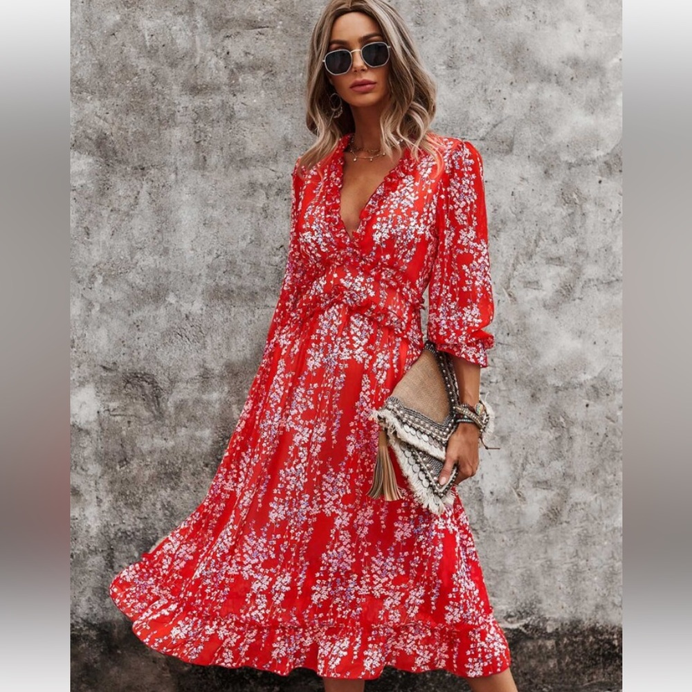 SHEIN VCAY Ditsy Floral Deep V-Neck Ruffle Hem Dress